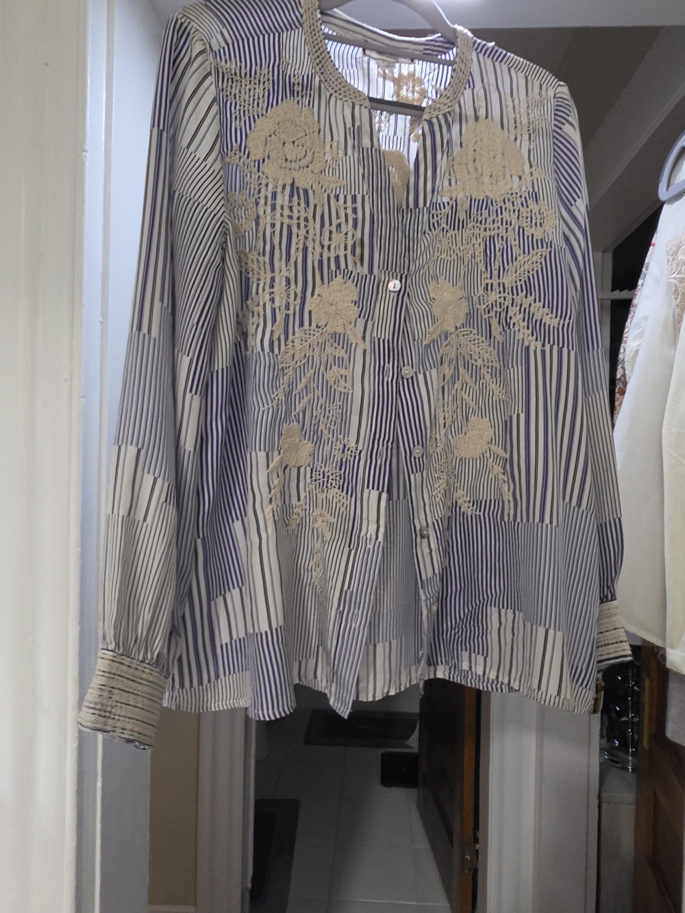 “Johnny Was JWLA Embroidered Striped Button Front Blouse Size S”.